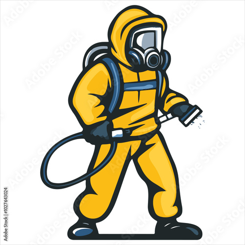 simple logo of a man in a bioprotecchio suit with a manual fumigation sprinkler for a pest extermination company, on a white background