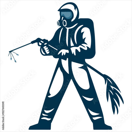 simple logo of a man in a bioprotecchio suit with a manual fumigation sprinkler for a pest extermination company, on a white background