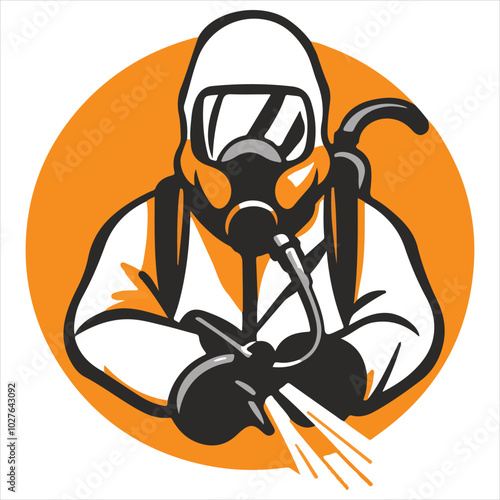 simple logo of a man in a bioprotecchio suit with a manual fumigation sprinkler for a pest extermination company, on a white background