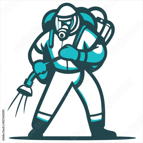 simple logo of a man in a bioprotecchio suit with a manual fumigation sprinkler for a pest extermination company, on a white background