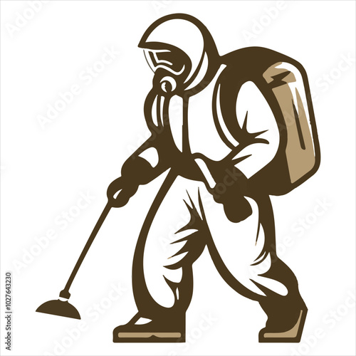 simple logo of a man in a bioprotecchio suit with a manual fumigation sprinkler for a pest extermination company, on a white background