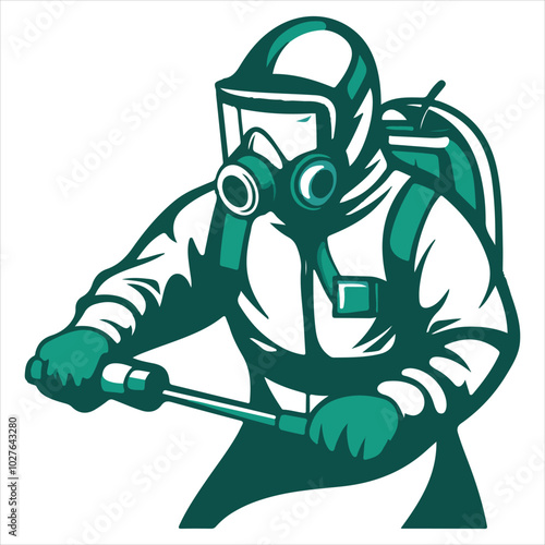 simple logo of a man in a bioprotecchio suit with a manual fumigation sprinkler for a pest extermination company, on a white background