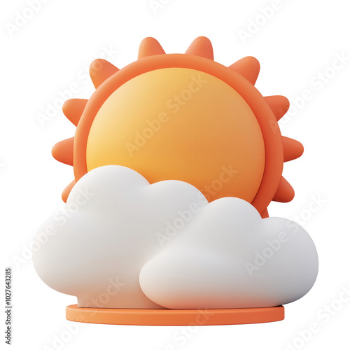 A colorful, stylized sun peeking out behind fluffy clouds, creating a cheerful atmosphere. Ideal for designs related to weather or positive moods. Isolated on transparent background. photo