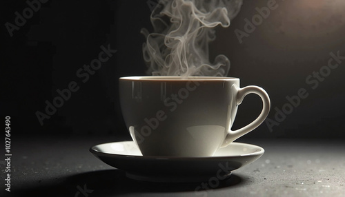 Steaming hot coffee cup on dark background