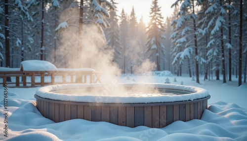 Steaming hot tub in snowy winter forest landscape