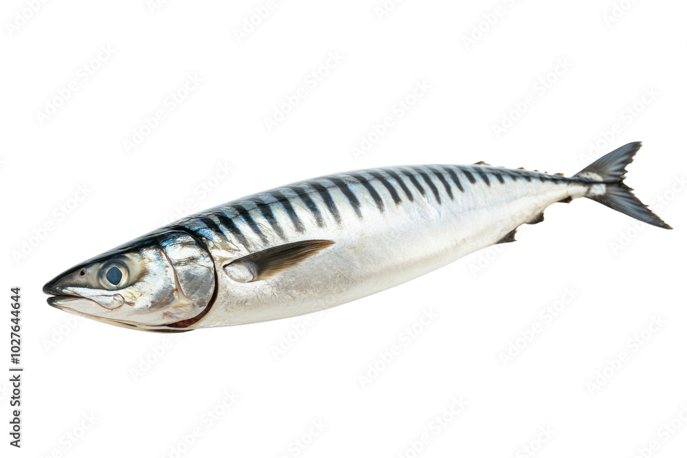 Fresh mackerel fish with a shiny, silver-blue skin, featuring distinct dark stripes along its sides, placed on a clean white surface. Fresh mackerel fish with a shiny, silver-blue skin, featuring distinct dark stripes along its sides, placed on a clean white surface.