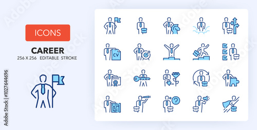 Line icons about career. Contains such icons as promotion, motivation, skills and more. 256x256 Pixel Perfect editable in two colors