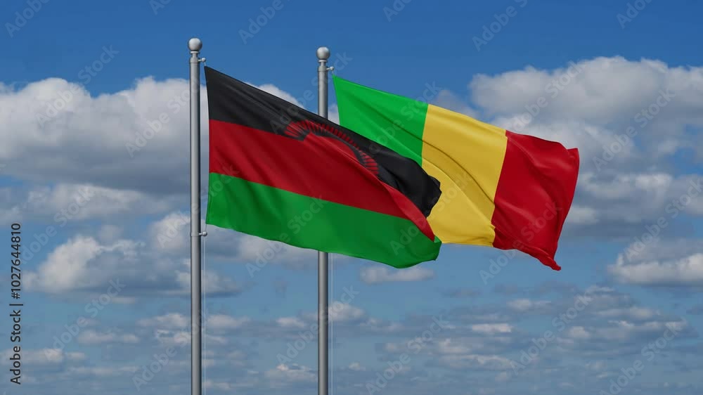 Mali and Malawi flags waving together, video concept of the relationship, two country relations concept Mali and Malawi flags waving together, video concept of the relationship, two country relations concept
