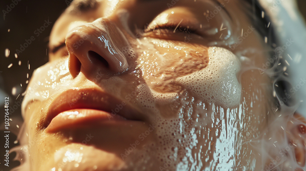 Woman enjoying a facial treatment and selfcare surrounded by professional skincare products. Bokeh on a background. Woman enjoying a facial treatment and selfcare surrounded by professional skincare products. Bokeh on a background.