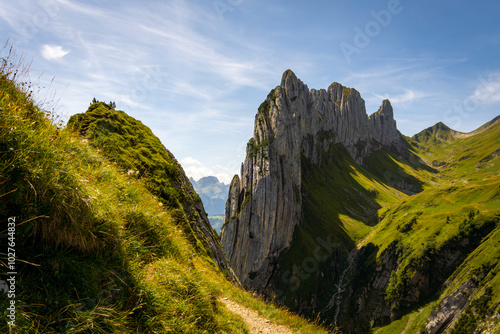 Aerial shot of the Chruzberg summit ridge, also known as Kreuzberg, located in the Swiss canton of St. Gallen on the eastern edge of the Alpstein. Mountain called Saxer Lucke