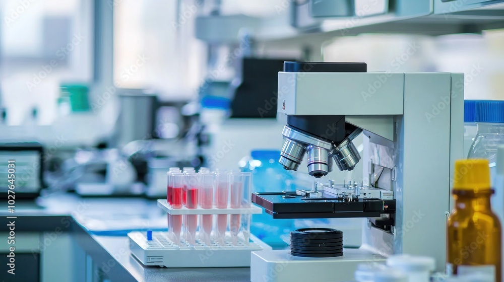 A medical lab setup with equipment like centrifuges and analyzers. A medical lab setup with equipment like centrifuges and analyzers.