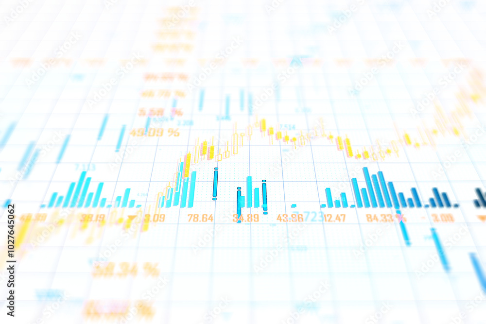 Stock market chart showing blue and yellow bars on white background. 3D Rendering Stock market chart showing blue and yellow bars on white background. 3D Rendering