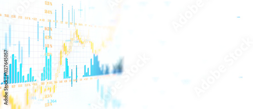 Financial stock market graph with blue and yellow bars on white background, concept of business technology. 3D Rendering.