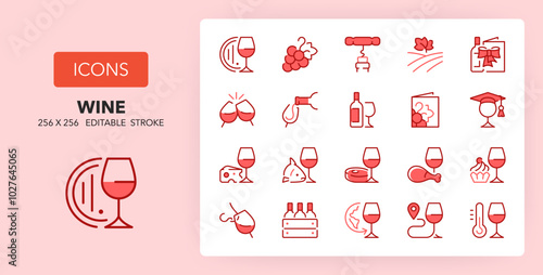 Line icons about wine and wine pairing. Contains such icons as tasting, sommeliers, grapes and more. 256x256 Pixel Perfect editable in two colors