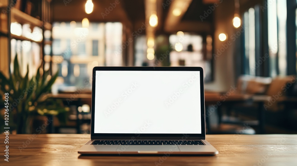 Open laptop with blank screen on a wooden desk in a modern cafe setting. Open laptop with blank screen on a wooden desk in a modern cafe setting.
