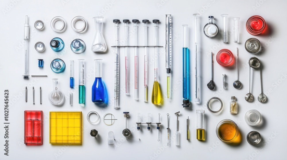 Various lab instruments neatly organized on a white backdrop for clarity. Various lab instruments neatly organized on a white backdrop for clarity.