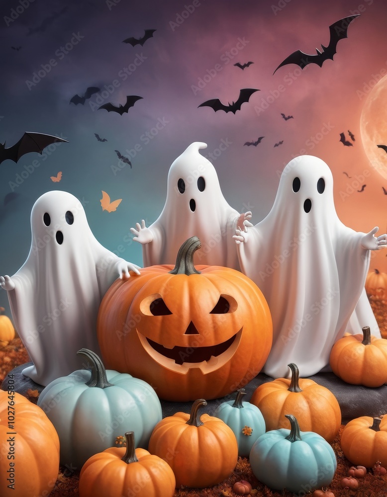 A playful Halloween design with pastel-colored ghosts, cheerful pumpkins, and quirky bats in a fun, whimsical layout, creating a soft and friendly atmosphere for Halloween A playful Halloween design with pastel-colored ghosts, cheerful pumpkins, and quirky bats in a fun, whimsical layout, creating a soft and friendly atmosphere for Halloween