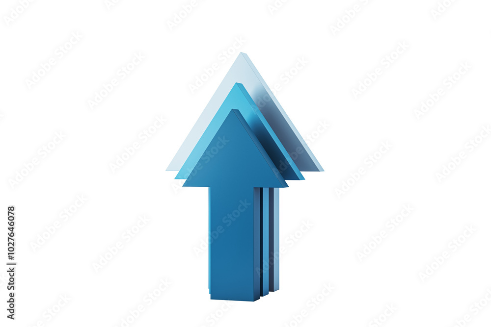 Blue upward arrows stacked together on a white background, symbol of growth. 3D Rendering. Blue upward arrows stacked together on a white background, symbol of growth. 3D Rendering.