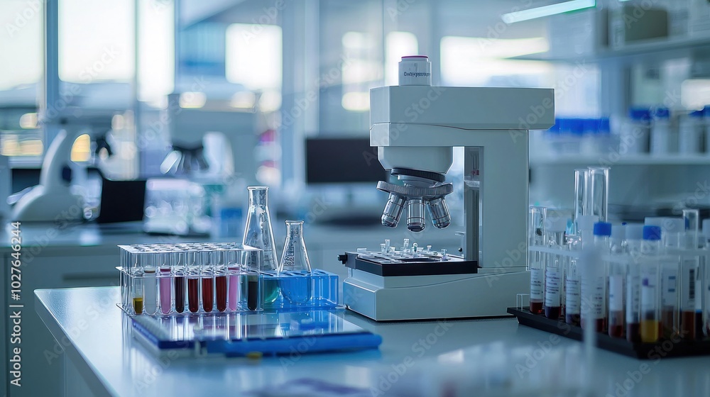 A medical laboratory setup with diagnostic machines and lab tools. A medical laboratory setup with diagnostic machines and lab tools.