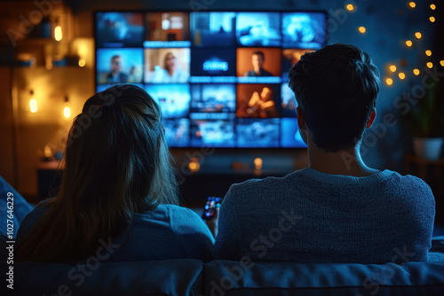 Couple watching TV shows at night with cozy ambiance photo