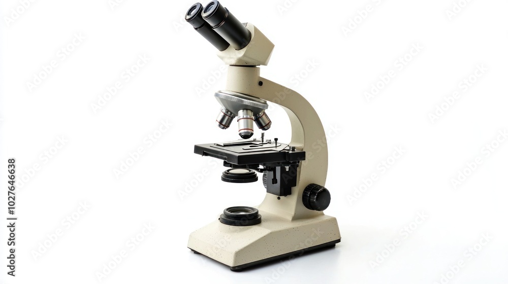 A single microscope isolated for clarity, showcasing its features. A single microscope isolated for clarity, showcasing its features.