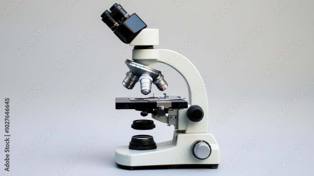 A single microscope isolated for clarity, showcasing its features. A single microscope isolated for clarity, showcasing its features.