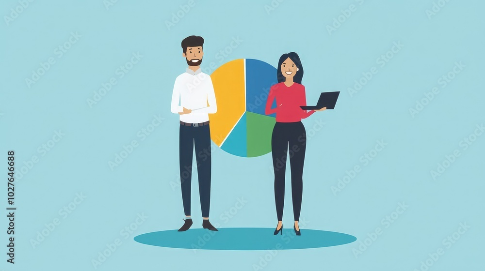 Simple flat vector of a man and woman presenting business analysis data on a pie chart, focusing on clean lines and minimalist graphic elements. Simple flat vector of a man and woman presenting business analysis data on a pie chart, focusing on clean lines and minimalist graphic elements.