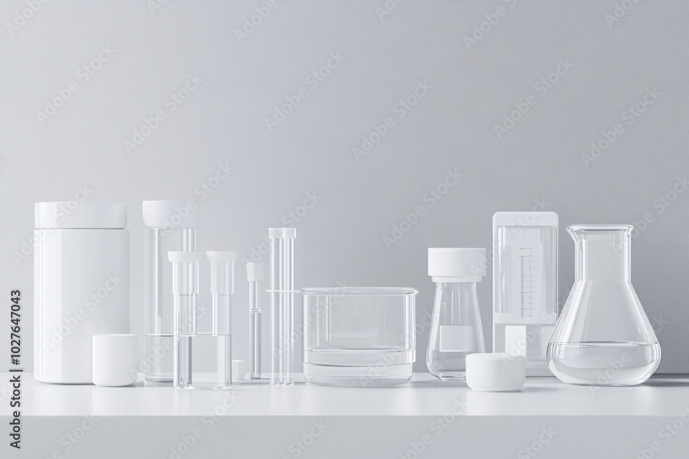 Laboratory Glassware: Beaker, Flask, and Test Tubes on White Table Laboratory Glassware: Beaker, Flask, and Test Tubes on White Table