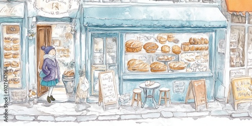 Charming Watercolor Drawing of a Cozy Boulangerie on a French Street, Capturing Onee Kei Style with Detailed Ink Illustrations, Light Cyan and Bleu de France Tones.  photo