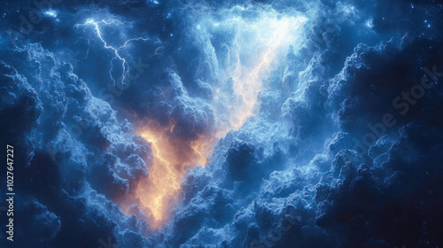 Dark, turbulent storm clouds illuminated by intense lightning strikes, creating a dramatic sky scene