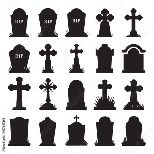 Gone but Not Forgotten - Set of Tombstone Vector Silhouettes for Halloween Design