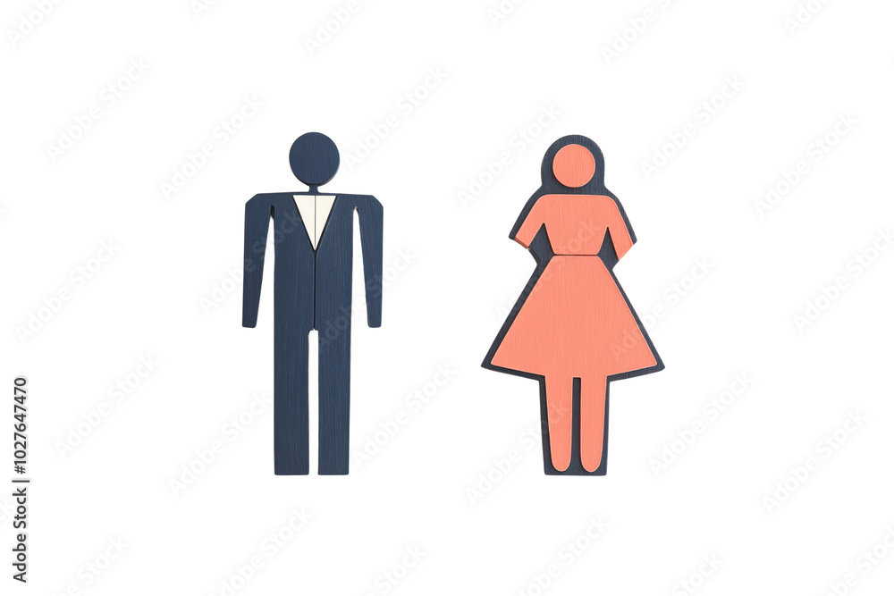 A pair of restroom symbols displaying a male figure with a simple geometric design and a female figure represented by a stylized outline of a dress. A pair of restroom symbols displaying a male figure with a simple geometric design and a female figure represented by a stylized outline of a dress.