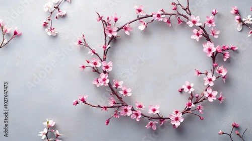 A circular cherry blossom wreath, minimalist and elegant, resting on a muted pastel gray background with delicate floral accents