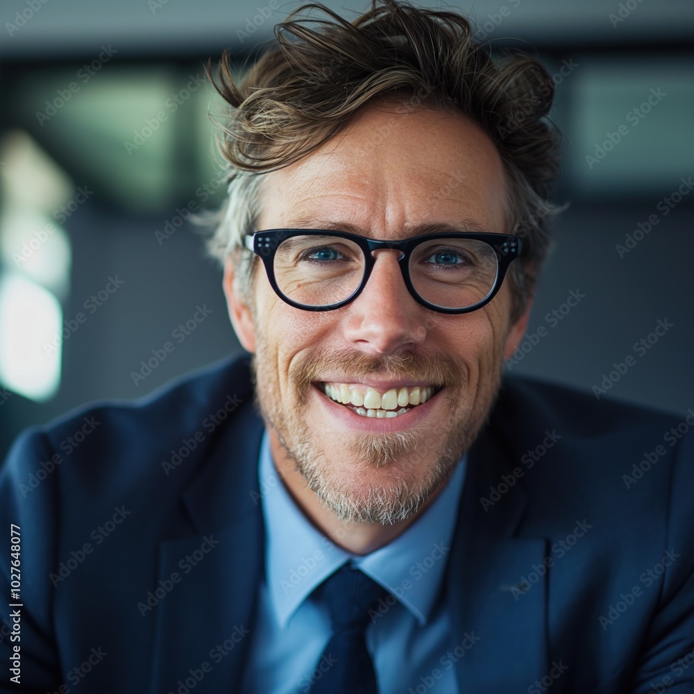 A cheerful man dressed in a suit exudes professionalism and warmth in a contemporary office A cheerful man dressed in a suit exudes professionalism and warmth in a contemporary office