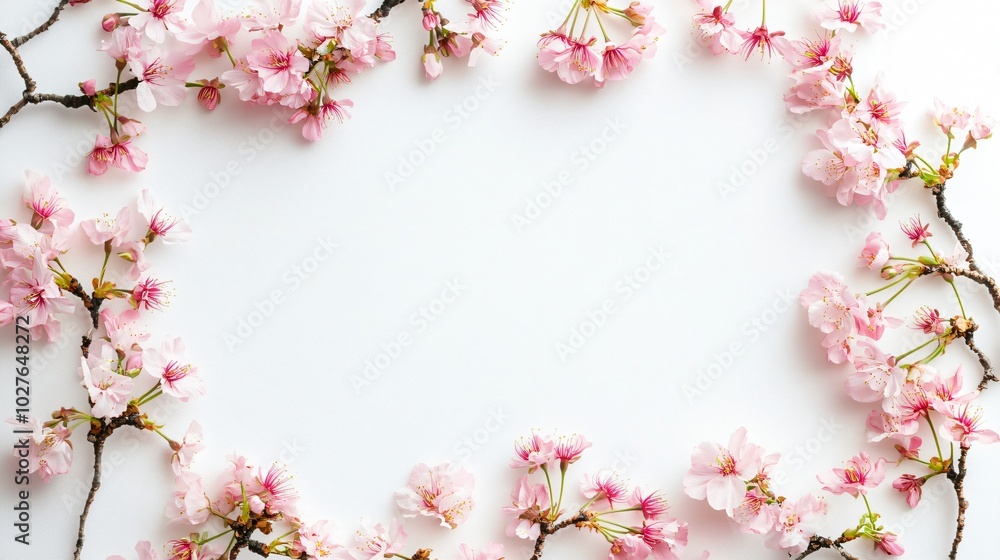 A rectangular cherry blossom frame, with flowers only on the corners, isolated on a clean white background with delicate floral shadows A rectangular cherry blossom frame, with flowers only on the corners, isolated on a clean white background with delicate floral shadows