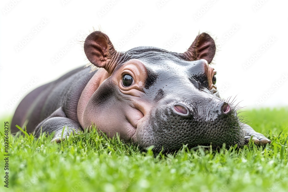 An adorable baby hippo lying on its belly on a grassy bank, its tiny legs stretched out and its snout resting on the ground. An adorable baby hippo lying on its belly on a grassy bank, its tiny legs stretched out and its snout resting on the ground.