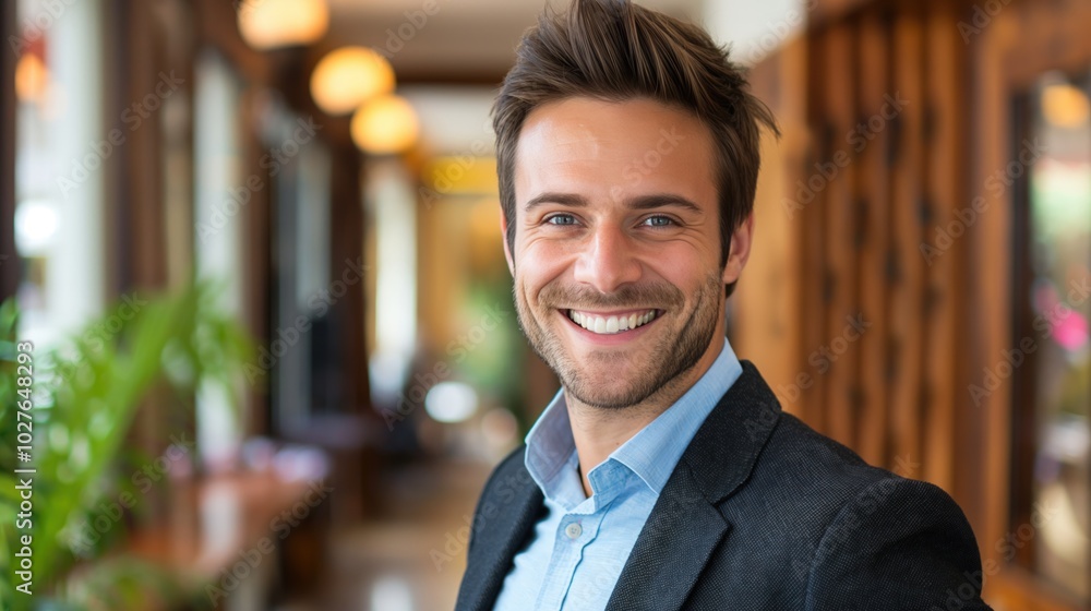 A smiling professional man enjoying his day at the office, radiating positivity and confidence A smiling professional man enjoying his day at the office, radiating positivity and confidence