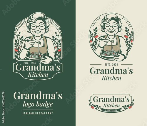 Set of Vintage Grandma logo badge, spaghetti Italian restaurant emblem vector illustration photo