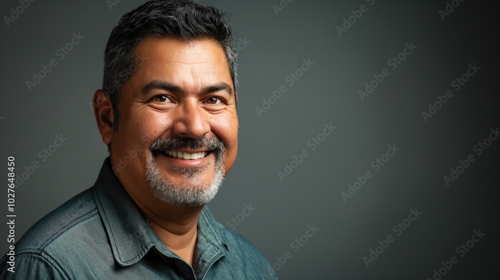 A cheerful Hispanic man poses confidently, showcasing his friendly smile against a solid background A cheerful Hispanic man poses confidently, showcasing his friendly smile against a solid background