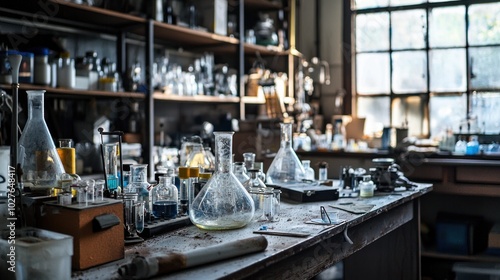 A dusty lab corner filled with outdated equipment and glassware.