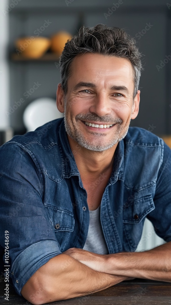 A cheerful man relaxes at home, showcasing joy and confidence in his casual attire A cheerful man relaxes at home, showcasing joy and confidence in his casual attire