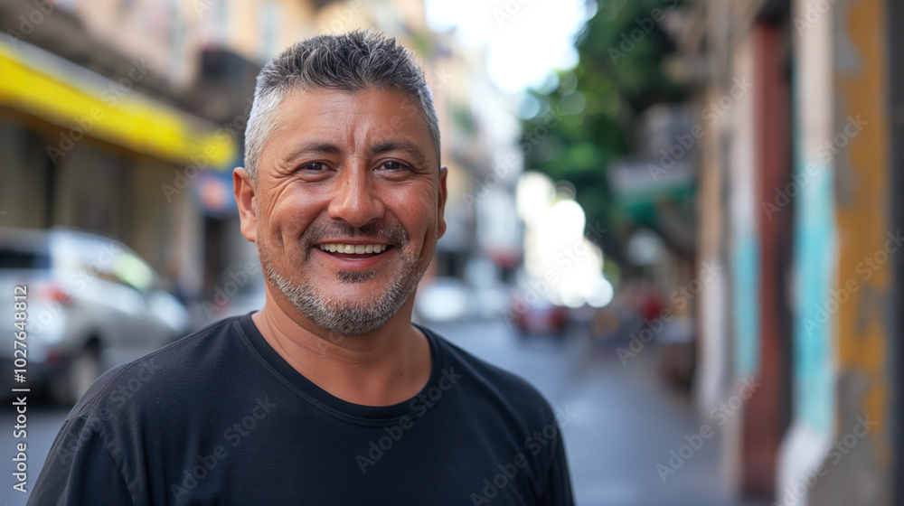 A smiling Hispanic man stands confidently on a lively street, exuding warmth A smiling Hispanic man stands confidently on a lively street, exuding warmth