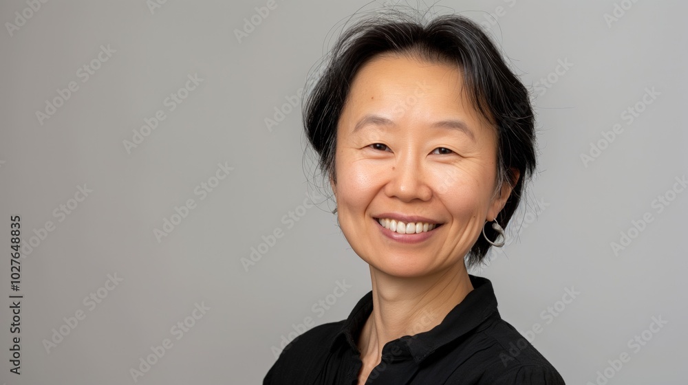 A cheerful Asian woman stands confidently against a solid backdrop, radiating positivity