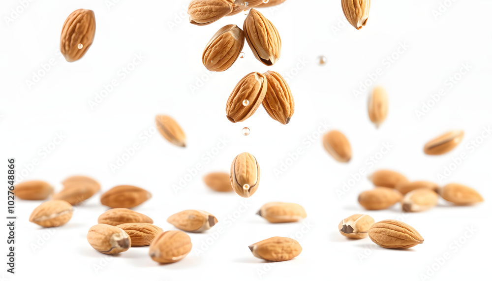 Whole, shelled and blanched almond nuts falling isolated on white background. Vertical drop isolated with white highlights, png Whole, shelled and blanched almond nuts falling isolated on white background. Vertical drop isolated with white highlights, png