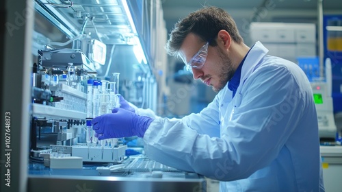 A technician repairing a medical device in a hospital workshop.