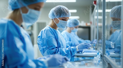 Hospital staff preparing equipment for sterilization in a lab.