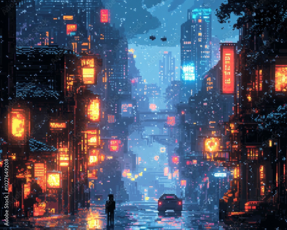 Pixelated character standing in front of cyberpunk cityscape glowing with neon lights and illuminated windows. Pixelated character standing in front of cyberpunk cityscape glowing with neon lights and illuminated windows.