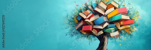 Tree of Knowledge, an imaginative depiction of a tree formed by books and school supplies, representing the growth of learning and education