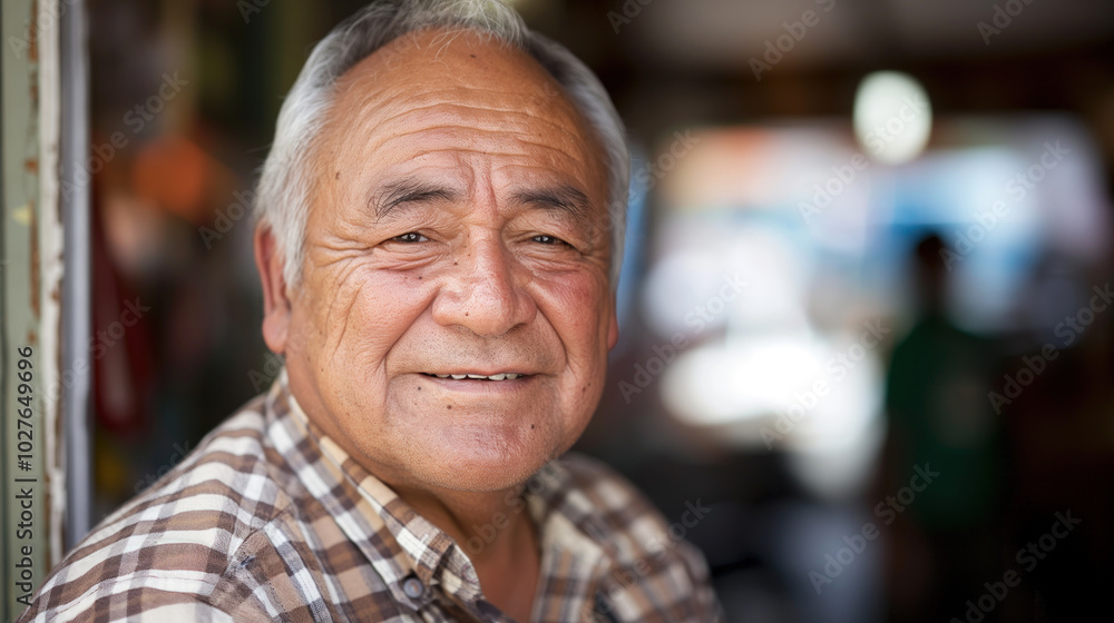 A smiling Hispanic man engages with the lively atmosphere around him in a market A smiling Hispanic man engages with the lively atmosphere around him in a market