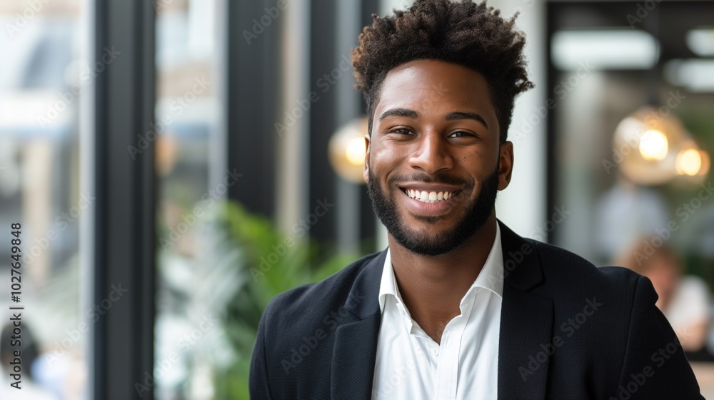 A joyful Black man dressed in business attire interacts in a contemporary workspace A joyful Black man dressed in business attire interacts in a contemporary workspace
